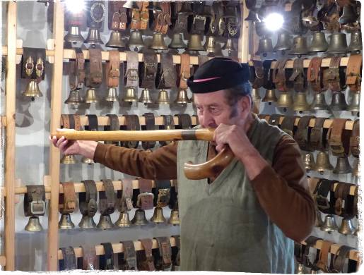 Mr Gigac with just a few of his bells, and a walking-stick whistle