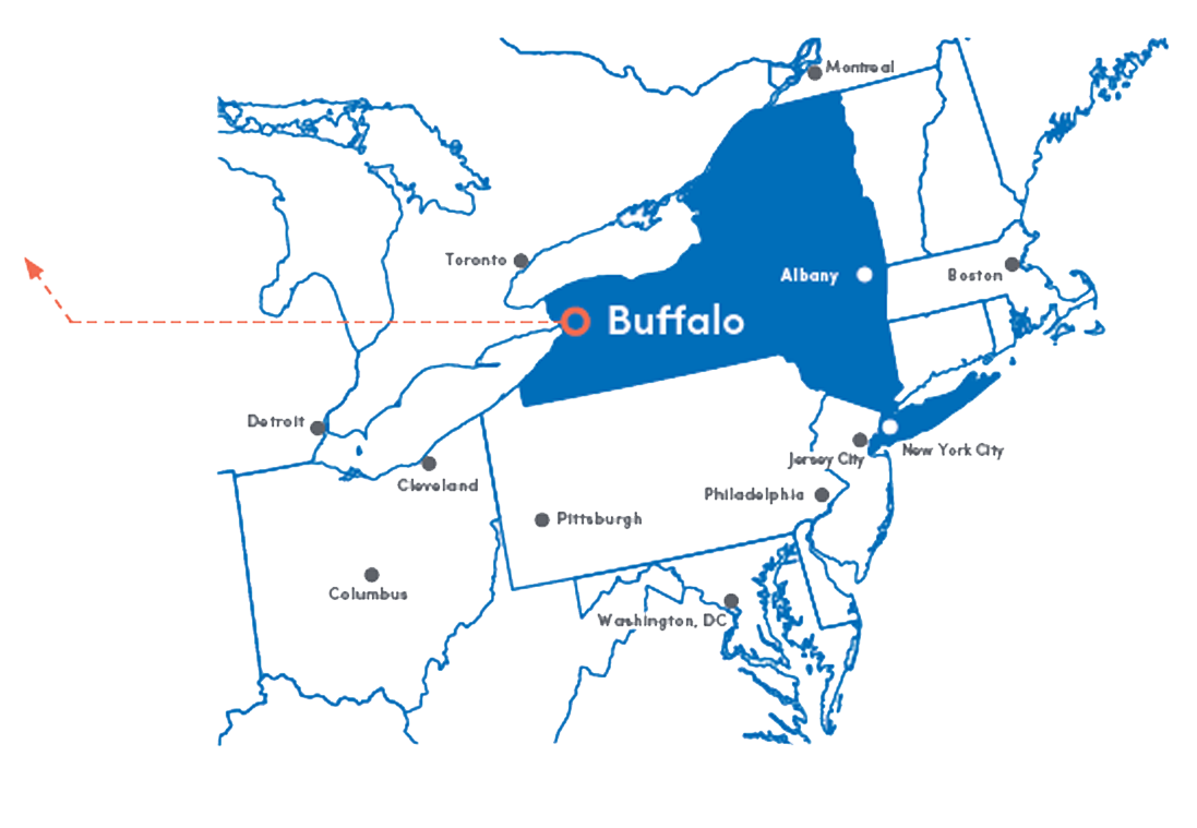 Map showing Buffalo located in the western part of New York State
